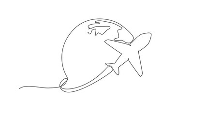 Poster - self drawing animation of single line draw airplane fly through sky. globe icon silhouette for tours