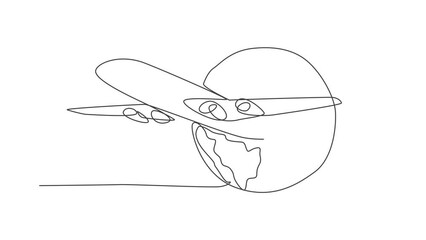 Poster - Airplane around the earth. Animated self drawing of continuous line world traveling icon. Full length one line animation doodle for holiday vacation concept. Isolated illustration on white background.