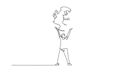 Wall Mural - Animated self drawing of continuous line draw man holding globe earth on white background. Isolated simple line modern style. Hand drawn concept for save nature. Full length one line animation.