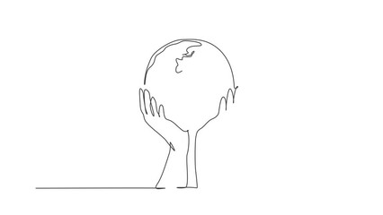 Poster - Self drawing animation of single line draw man holding global earth. Save nature icon silhouette concept. Infographics, green environment campaign isolated on white background. Full length animated.