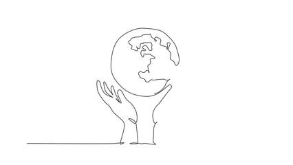 Poster - Self drawing animation of single line draw hands holding earth logo. World protect icon silhouette for education concept. Infographics presentation isolated on white background. Full length animated.