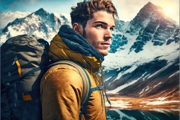 Young backpacking man traveler enjoying nature in Alps mountains, Ai generative.