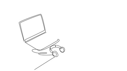 Fototapete - Animated self drawing of one continuous line draw laptop and headphone above the table. Electricity small business office equipment tools concept. Full length single line animation illustration.