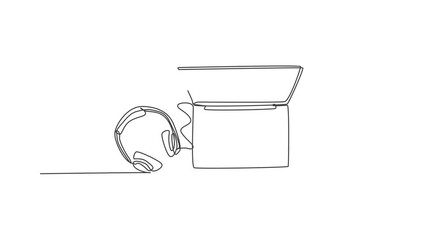 Poster - Animated self drawing of one continuous line draw laptop with headphone beside for entertainment purpose. Business equipment gadget concept. Full length single line animation illustration.
