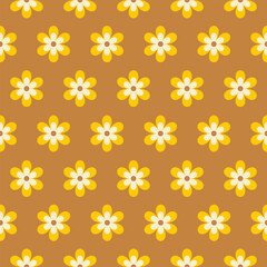 Poster - Abstract retro seamless pattern with geometric daisy flowers on a mustard background. Colorful groovy vector illustration in style 60s, 70s