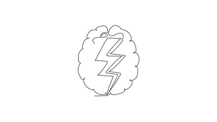 Poster - animated self drawing of continuous line draw thunderbolt strike inside human brain logo icon. fast 