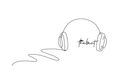 Poster - Animated self drawing of single continuous line draw headphone radio with long wire logo label. Musical audio company logotype icon concept. Full length one line animation illustration.