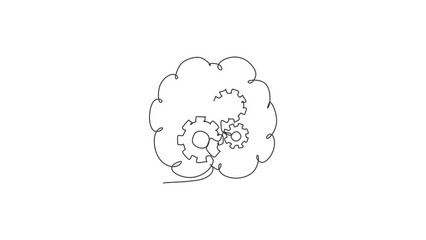 Poster - Animated self drawing of continuous line draw metal wheel gear inside human brain for technology company logo label. Mechanical logotype icon concept. Full length one line animation illustration.