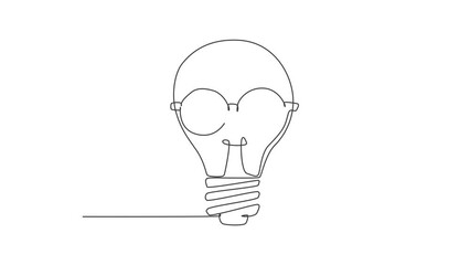 Poster - Animated self drawing of single continuous line draw light bulb with round old glasses logo label. Smart bright company icon label concept. Full length one line animation illustration.