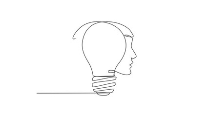 Poster - Animation of one line drawing of men face with light bulb at the center logo identity. Human creativity company logotype icon template concept. Continuous line self draw animated. Full length motion.