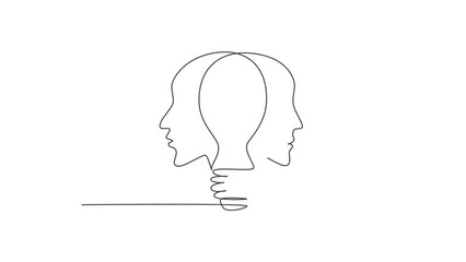 Poster - Animated self drawing of continuous line draw twin human face with light bulb in the middle logo label. Psychology mind inspiration icon label concept. Full length one line animation illustration.