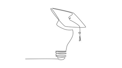 Poster - animation of one single line drawing of bright lightbulb wearing graduation cap logo identity. smart