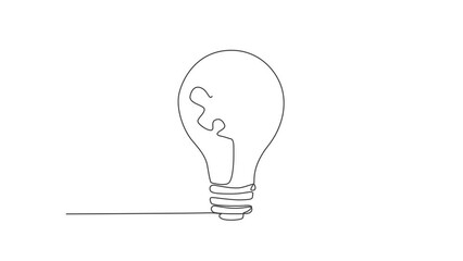 Poster - animation of one single line drawing of lightbulb with piece of puzzle inside for creative company l