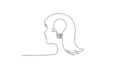 Poster - animated self drawing of single continuous line draw human woman head with shining lightbulb inside 