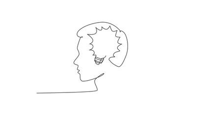 Poster - Animated self drawing of one continuous line draw human man with light bulb brain inside the head icon logo emblem. Innovation symbol logotype template concept. Full length single line animation.