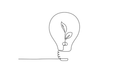 Poster - animated self drawing of continuous line draw clean lightbulb with green leaf organic plant inside i