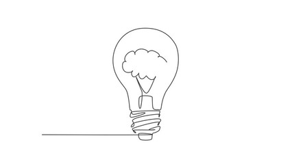 Poster - animation of one line drawing of clean lightbulb with human brain for medical company logo identity.