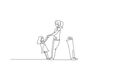 Wall Mural - Animation of one line drawing of mom and dad holding their son and daughter hand while dancing together at home. Happy family parenting concept. Continuous line self draw animated. Full length motion.