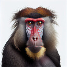 Adult Mandrill Portrait Isolated On A White Background. Generative AI. 