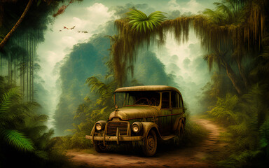 Wall Mural - Strange car in fantasy landscape of tropical jungle forest. Generative Al Illustration.