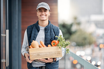 Happy grocery delivery, courier and man with retail sales product, food shopping or door shipping container. Logistics supply chain, health nutritionist portrait and distribution person with package