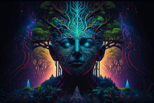 Concept Of Psychedelics, Ayahuasca Hallucination Colorful Neon Glow Illustration, Forest Shaman