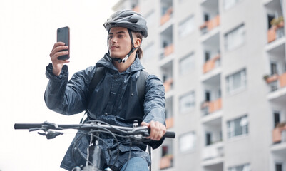 Poster - Travel, bike delivery or man with phone in London city, street or road for GPS, location or networking outdoor. Planning, driver or male with 5g smartphone or communication, search or social network