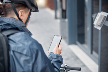Poster - Mockup, bike or man with phone for delivery in city, street or road for GPS, location or networking outdoor. App, travel or male search with smartphone or communication, social media or 5g network