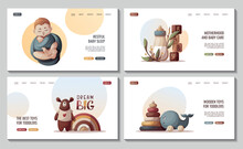 Set Of Web Pages With Swaddled Baby Boy, Teddy Bear, Push Toy And Baby Bottle. Newborn, Childbirth, Baby Care, Babyhood, Childhood, Infancy Concept. Vector Illustration For Poster, Banner, Website.