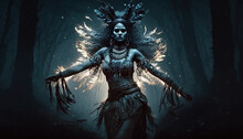 Shaman Woman / Witch Evoking Spirits In A Mysterious Night Forest. Post-processed Generative AI