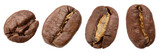 Fototapeta Mapy - Four roasted coffee beans, different shapes and sizes, on a white background, macro photography, isolate