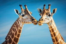 Pair Of Giraffes In Love Against Blue Sky. Post-processed Generative AI	
