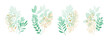 Set of watercolor green leaves elements isolated on white background. Foliage collection of  branch, sugebrush leaves with gold splashes and line art. Botanical art design. Vector illustration.