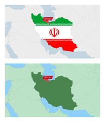 Sticker - Iran map with pin of country capital. Two types of Iran map with neighboring countries.