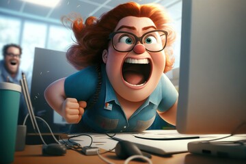 an illustration of a fictional excited, cheering office worker as a cartoon character, celebrating achivement