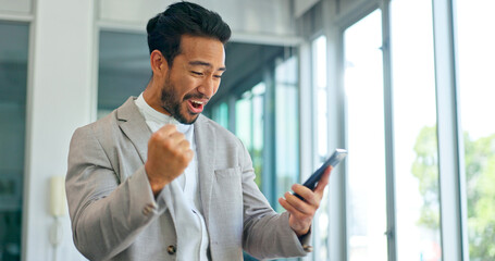 Poster - Success, phone and winner with businessman in office and celebration for deal, growth and stock market target. Wow, goals and good news with fist of employee for achievement, future and sale