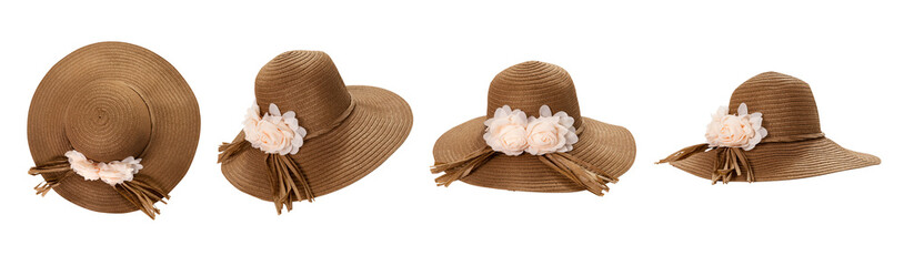 Wall Mural - Beach hat top view isolated set. Pretty straw hats with ribbon and bow on white background.