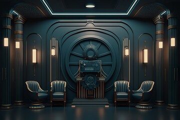 Wall Mural - Dark sci-fi art deco victorian theater hall interior full of mechanical steampunk decoration and retrofuturistic television screens on stage design illustration