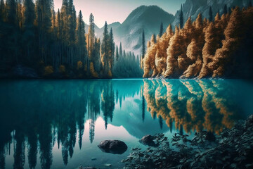 Wall Mural - beautiful lake, with views of trees and mountainsc, generative ai