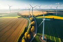 Wind Turbines In Agricultural Field. Photo Generative AI.