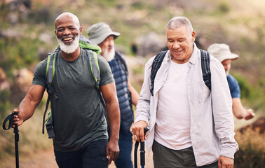 Hiking, nature and group of old men on mountain for fitness, trekking and backpacking adventure. Explorer, discovery and expedition with senior friends walking for health, retirement and journey