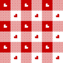 Geometric Pattern With Hearts For Valentine's Day. Pixel Textured Bright Red White Gingham Check Plaid For Gift Paper, Tablecloth, Picnic Blanket, Other Holiday Fashion Textile Design. Vichy Print.