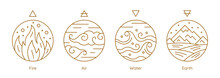 Four Elements Of Nature Golden Alchemical Symbols Set. Water, Fire, Earth, Air Golden Sacred Magic Signs Thin Line Vector Illustration On White Background