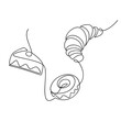 © Oksana - Vector desserts set. French croissant, piece of cake, doughnut one line continuous drawing. Hand drawn linear icon. Outline design, print, banner, card, wall art poster, brochure, menu, product logo.