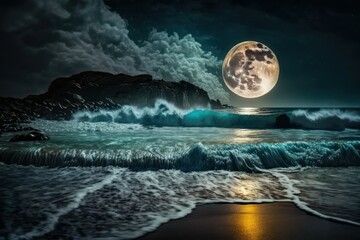 Night marine fantasy landscape with beautiful waves and a full moon. AI generated