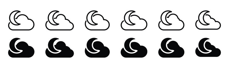 Wall Mural - Moon and cloud icon. Night symbol. Evening weather icon in line and flat style. Clouds behind the moon symbol for apps and websites, vector illustration 