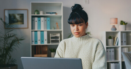 Office, laptop and business woman portrait happy for career in digital marketing, digital copywriting and online web management. Gen z corporate worker for internship opportunity, contact us or faq