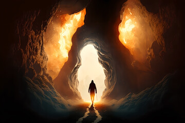 A man standing at the entrance to the light at the end of a long mysterious cave tunnel, ready for what's on the other side of death or life