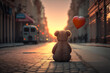 Teddybär mit roten Herz sitzt auf der Strasse, generative AI