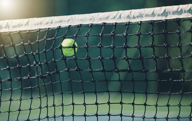 Canvas Print - Tennis ball, air and net outdoor with space for mockup, blurred background and sunshine. Summer, sport equipment and mock up for training, fitness or exercise at game, contest or competition at court